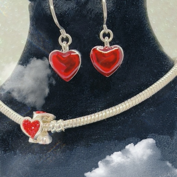 Vintage ❤️ Enameled Heart Earrings & Red Rhinestone ❤️PGDA 925 Charm & Bracelet - Picture 5 of 6